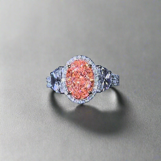3.00CT VIVID PINK OVAL CUT DIAMOND 3 STONE RING