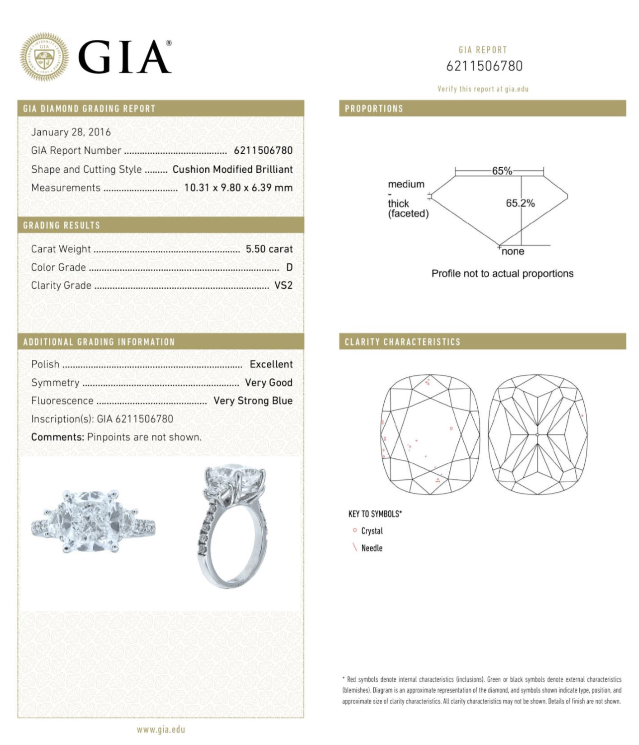 5.50CT D VS2 WHITE CUSHION DIAMOND RING GIA