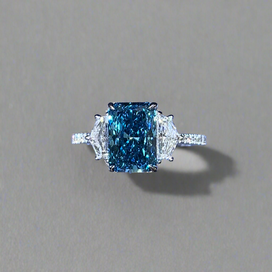3.00CT VIVID BLUE RADIANT CUT DIAMOND 3 STONE RING