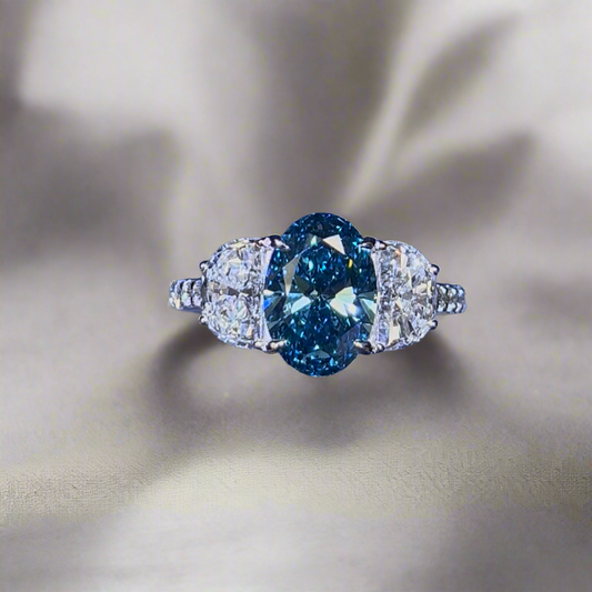 2.50CT VIVID BLUE OVAL CUT DIAMOND 3 STONE RING