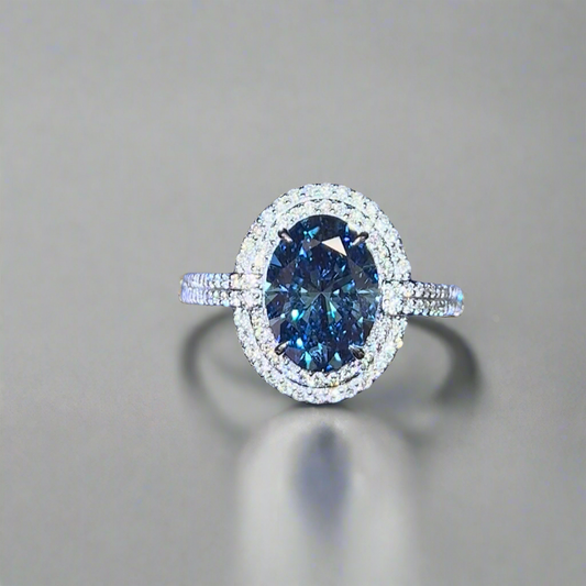 3.00CT VIVID BLUE OVAL CUT DIAMOND HALO RING