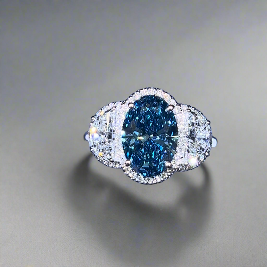 3.00CT VIVID BLUE OVAL CUT DIAMOND 3 STONE RING