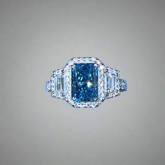 2.00CT VIVID BLUE RADIANT CUT DIAMOND 3 STONE RING
