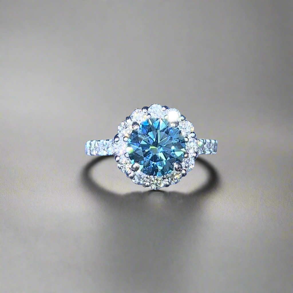2.00CT VIVID BLUE ROUND CUT DIAMOND HALO RING