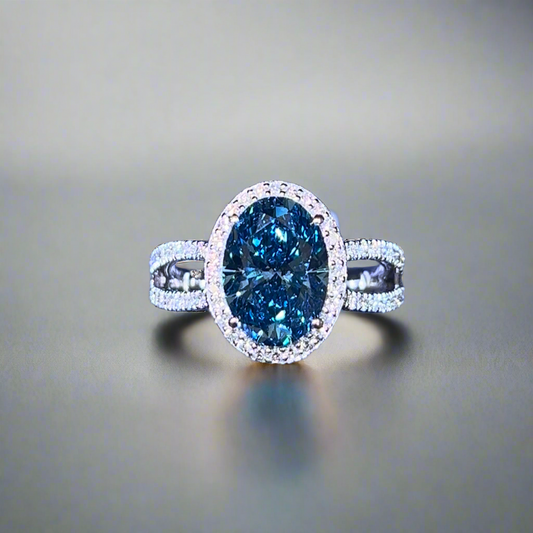 3.00CT VIVID BLUE OVAL CUT DIAMOND HALO RING