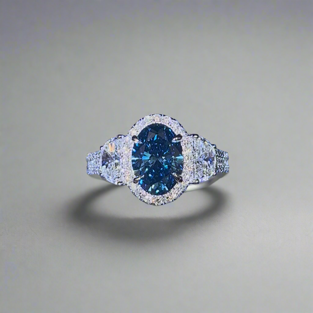 2.00CT VIVID BLUE OVAL CUT DIAMOND 3 STONE RING