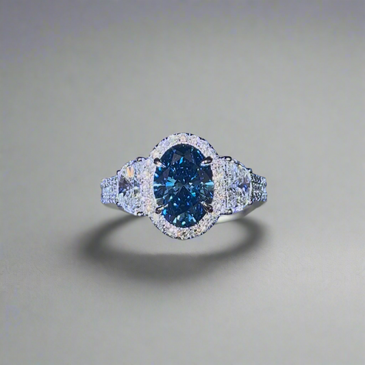 2.00CT VIVID BLUE OVAL CUT DIAMOND 3 STONE RING