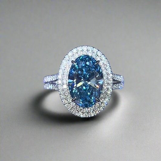 4.00CT VIVID BLUE OVAL CUT DIAMOND HALO RING