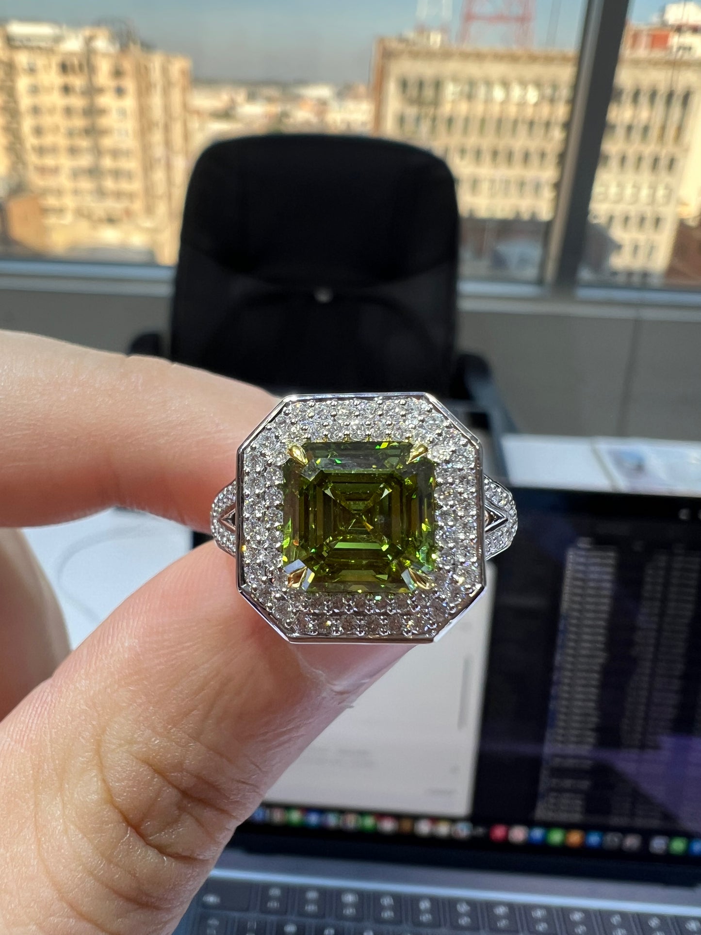 3.00CT VIVID GREEN ASSCHER CUT DIAMOND HALO RING