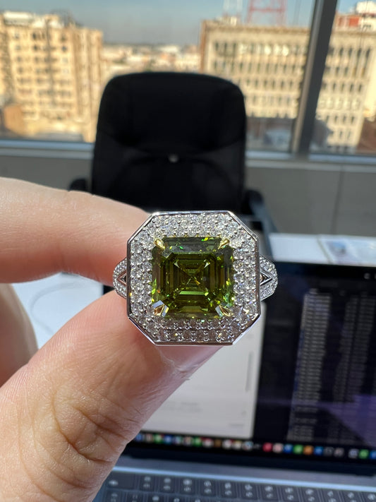 3.00CT VIVID GREEN ASSCHER CUT DIAMOND HALO RING