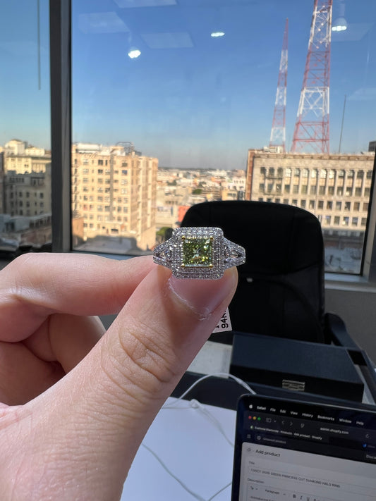 1.00CT VIVID GREEN PRINCESS CUT DIAMOND HALO RING