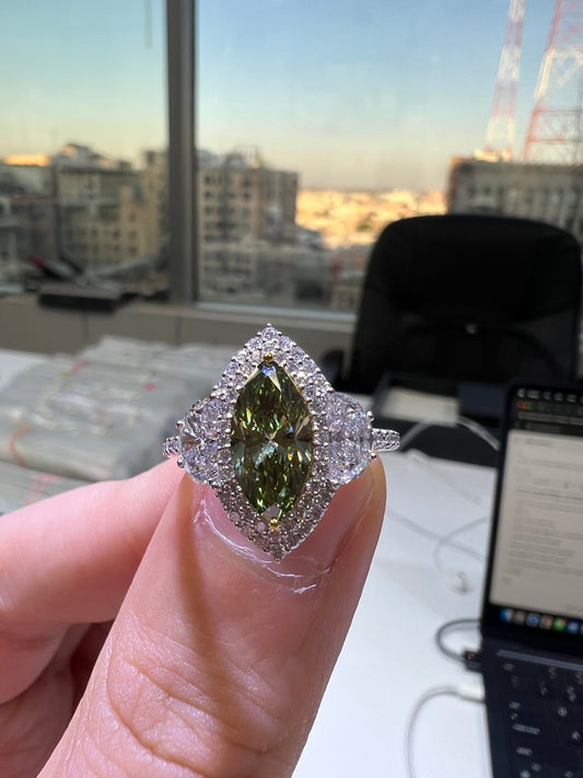 1.50CT VIVID GREEN MARQUISE CUT DIAMOND 3 STONE RING