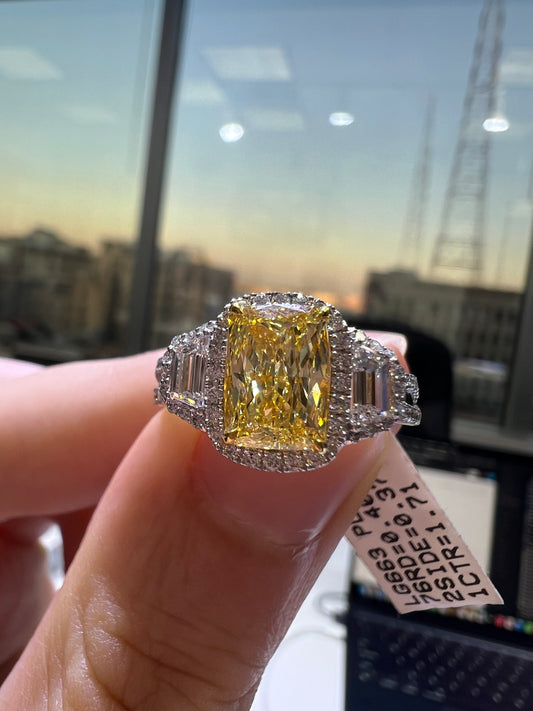 2.00CT VIVID YELLOW ELONGATED CUSHION CUT DIAMOND 3 STONE RING