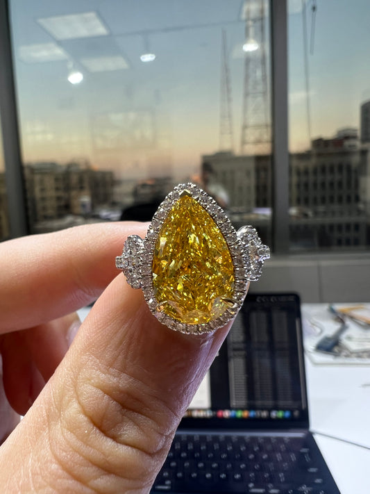 5.00CT VIVID YELLOW PEAR CUT DIAMOND HALO RING