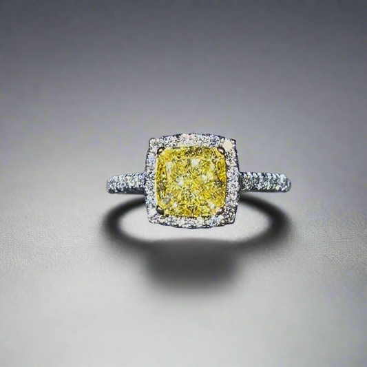 2.00CT VIVID YELLOW CUSHION CUT DIAMOND HALO RING