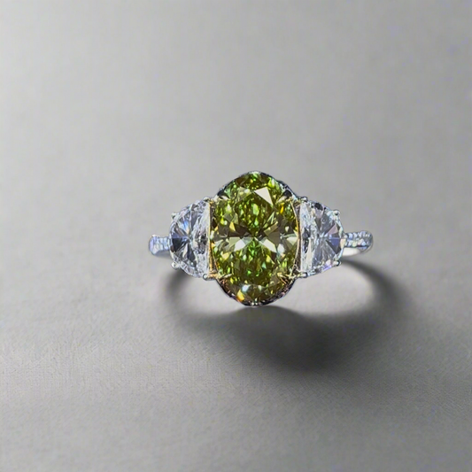 2.50CT VIVID GREEN OVAL CUT DIAMOND 3 STONE RING