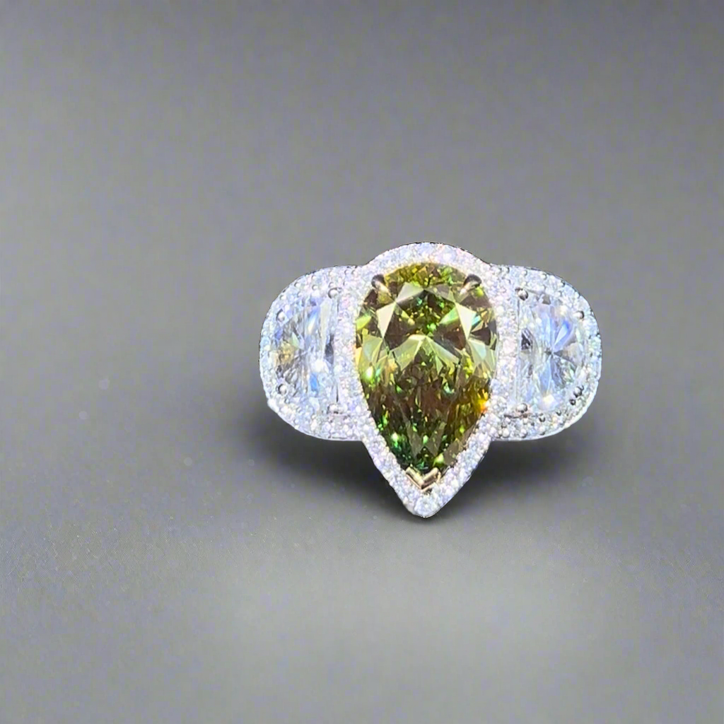 2.50CT VIVID GREEN PEAR CUT DIAMOND 3 STONE RING
