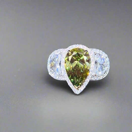 2.50CT VIVID GREEN PEAR CUT DIAMOND 3 STONE RING