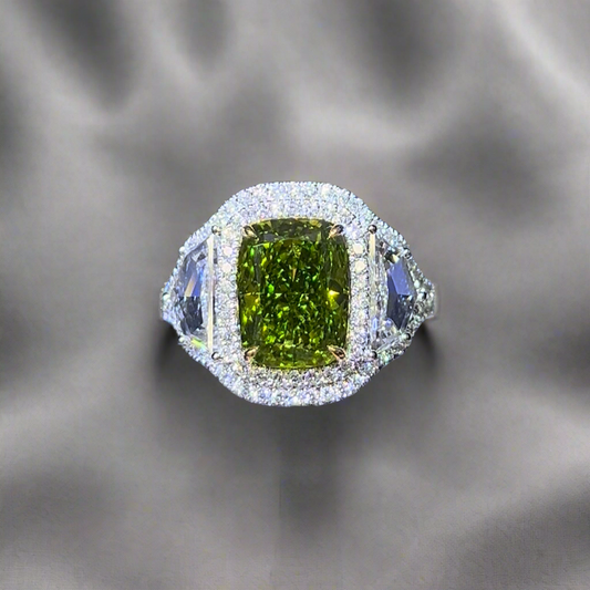 3.50CT VIVID GREEN ELONGATED CUSHION CUT DIAMOND 3 STONE RING