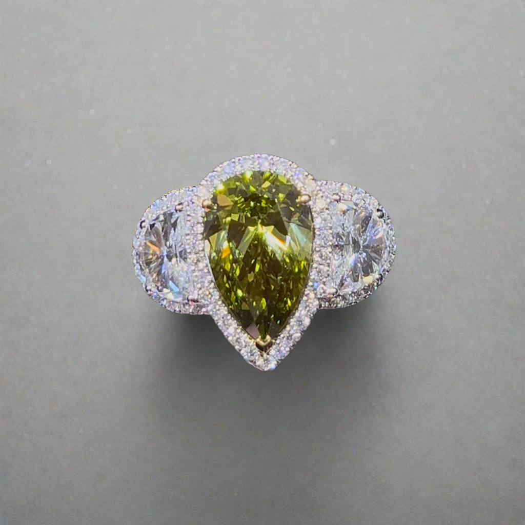 3.00CT VIVID GREEN PEAR CUT DIAMOND 3 STONE RING