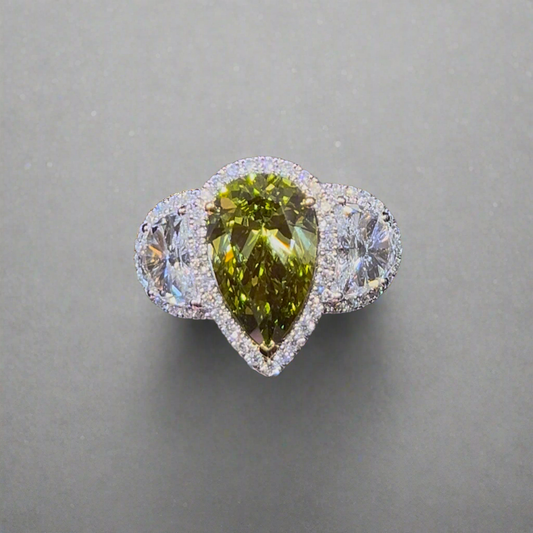 3.00CT VIVID GREEN PEAR CUT DIAMOND 3 STONE RING