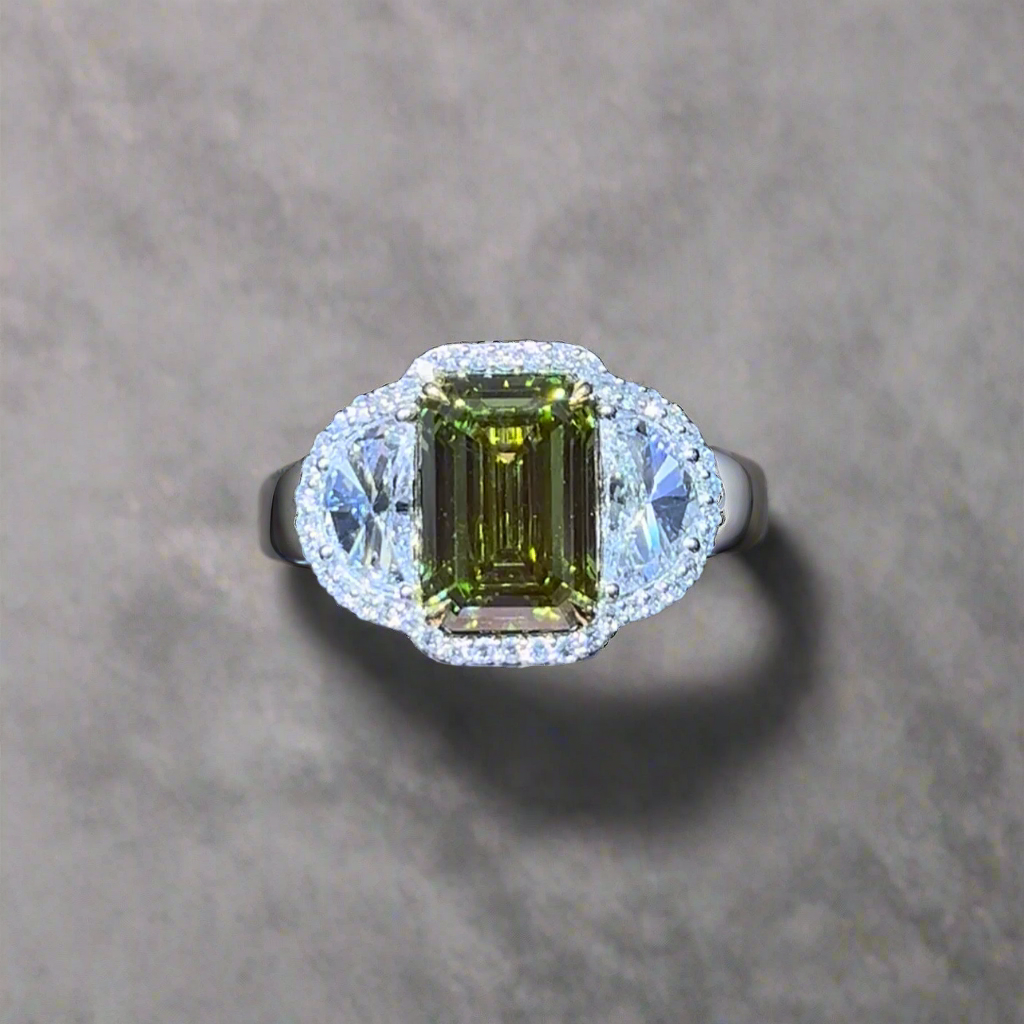 3.00CT VIVID GREEN EMERALD CUT DIAMOND 3 STONE RING