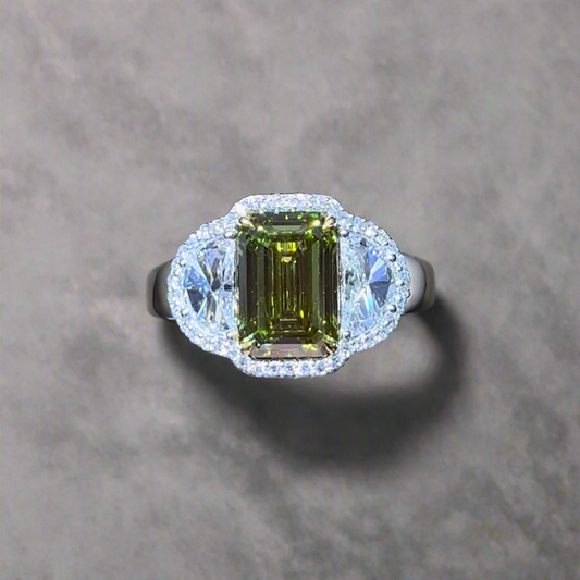 3.00CT VIVID GREEN EMERALD CUT DIAMOND 3 STONE RING