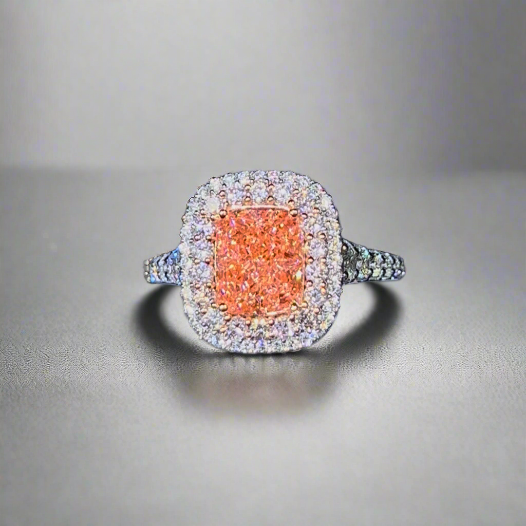 2.00CT VIVID PINK ELONGATED CUSHION CUT DIAMOND HALO RING
