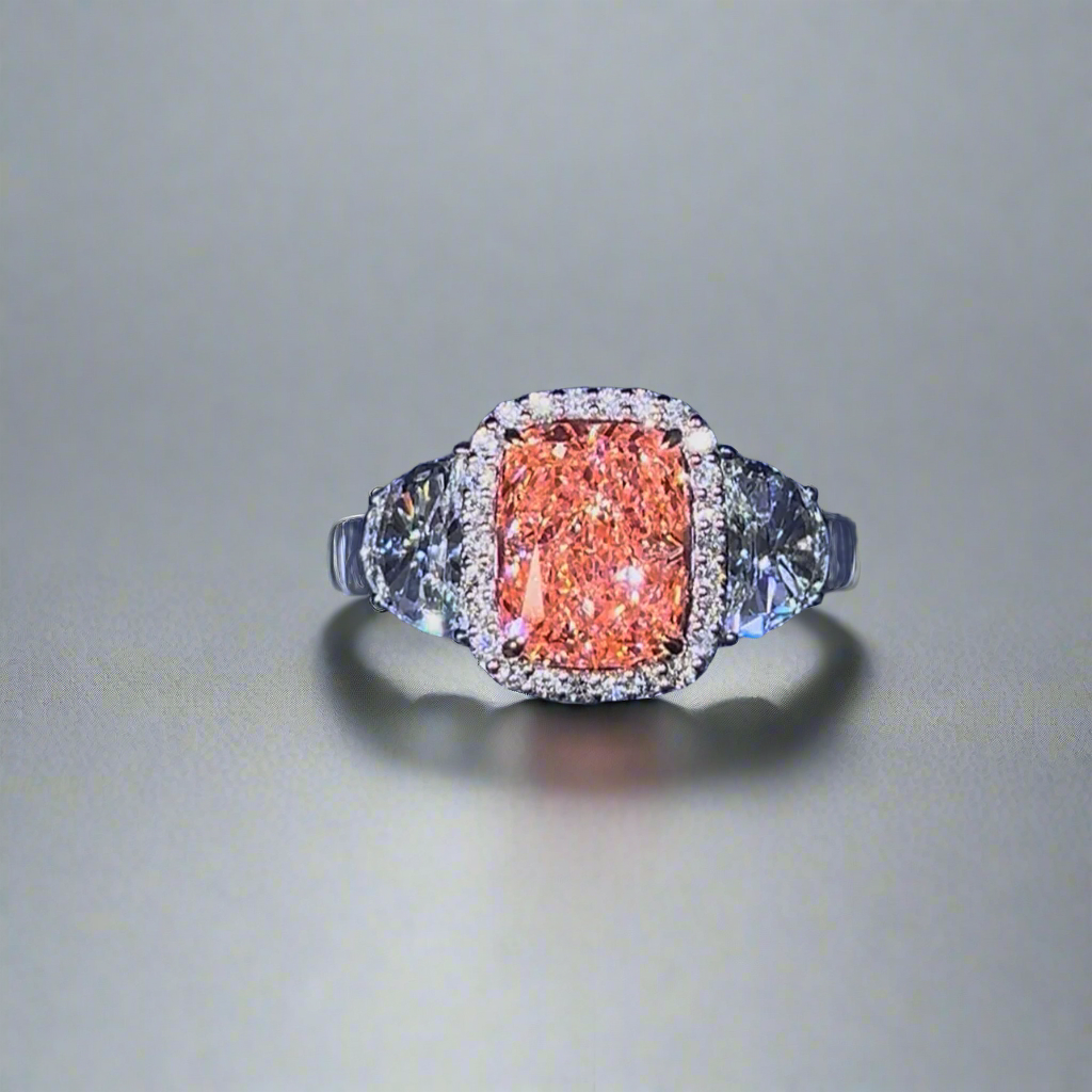 2.50CT VIVID PINK ELONGATED CUSHION CUT DIAMOND 3 STONE RING