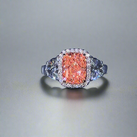 2.50CT VIVID PINK ELONGATED CUSHION CUT DIAMOND 3 STONE RING