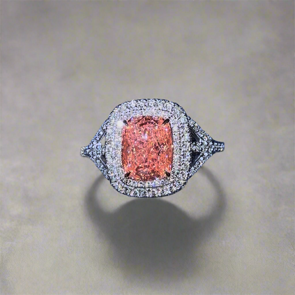 2.50CT VIVID PINK ELONGATED CUSHION CUT DIAMOND HALO RING