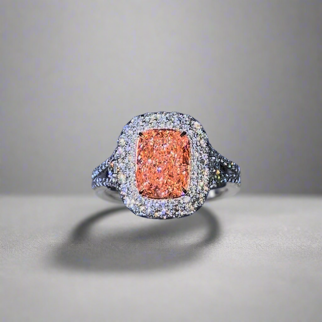 2.50CT VIVID PINK ELONGATED CUSHION CUT DIAMOND HALO RING