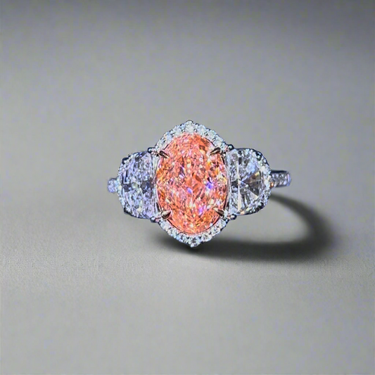 3.00CT VIVID PINK OVAL CUT DIAMOND 3 STONE RING