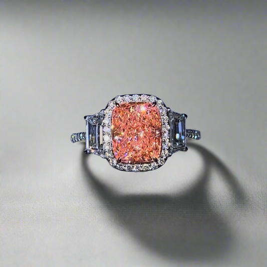 3.00CT VIVID PINK ELONGATED CUSHION CUT DIAMOND 3 STONE RING