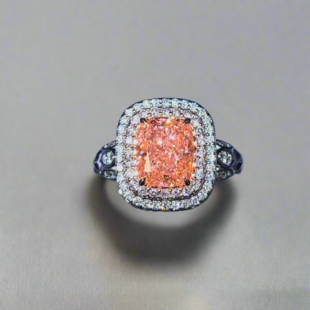 3.00CT VIVID PINK ELONGATED CUSHION CUT DIAMOND HALO RING