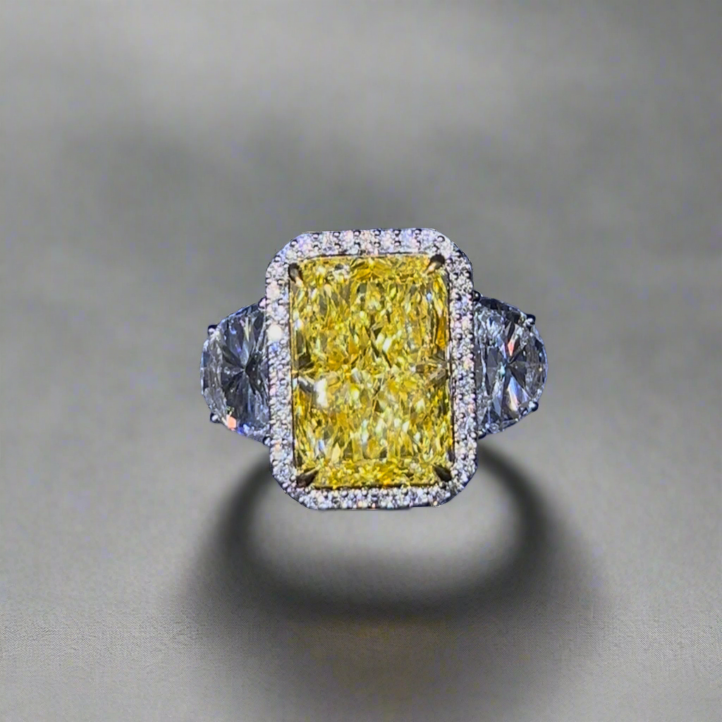6.00CT VIVID YELLOW RADIANT CUT DIAMOND 3 STONE RING