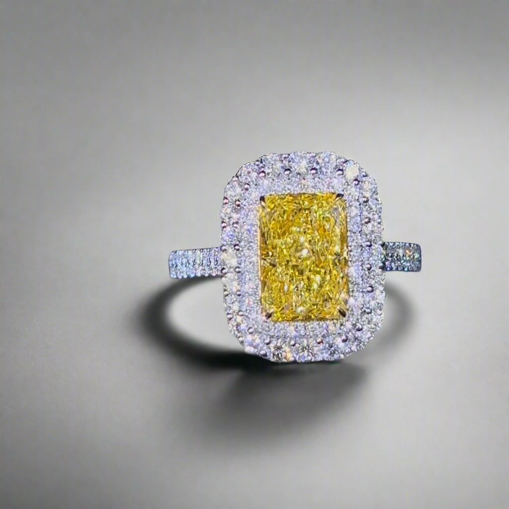 3.00CT VIVID YELLOW RADIANT CUT DIAMOND HALO RING