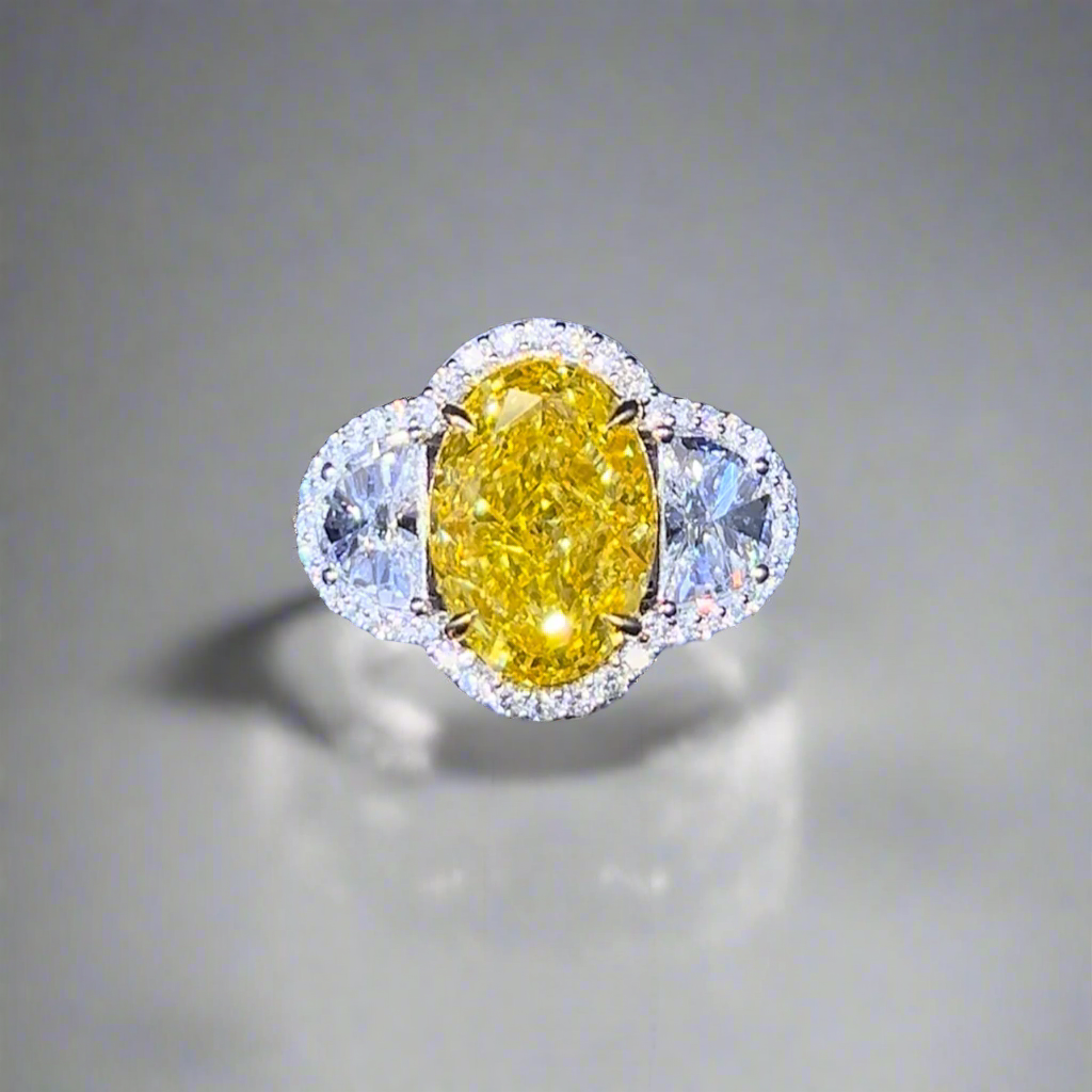 5.50CT VIVID YELLOW OVAL CUT DIAMOND 3 STONE RING