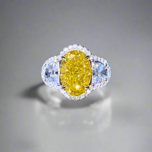 5.50CT VIVID YELLOW OVAL CUT DIAMOND 3 STONE RING