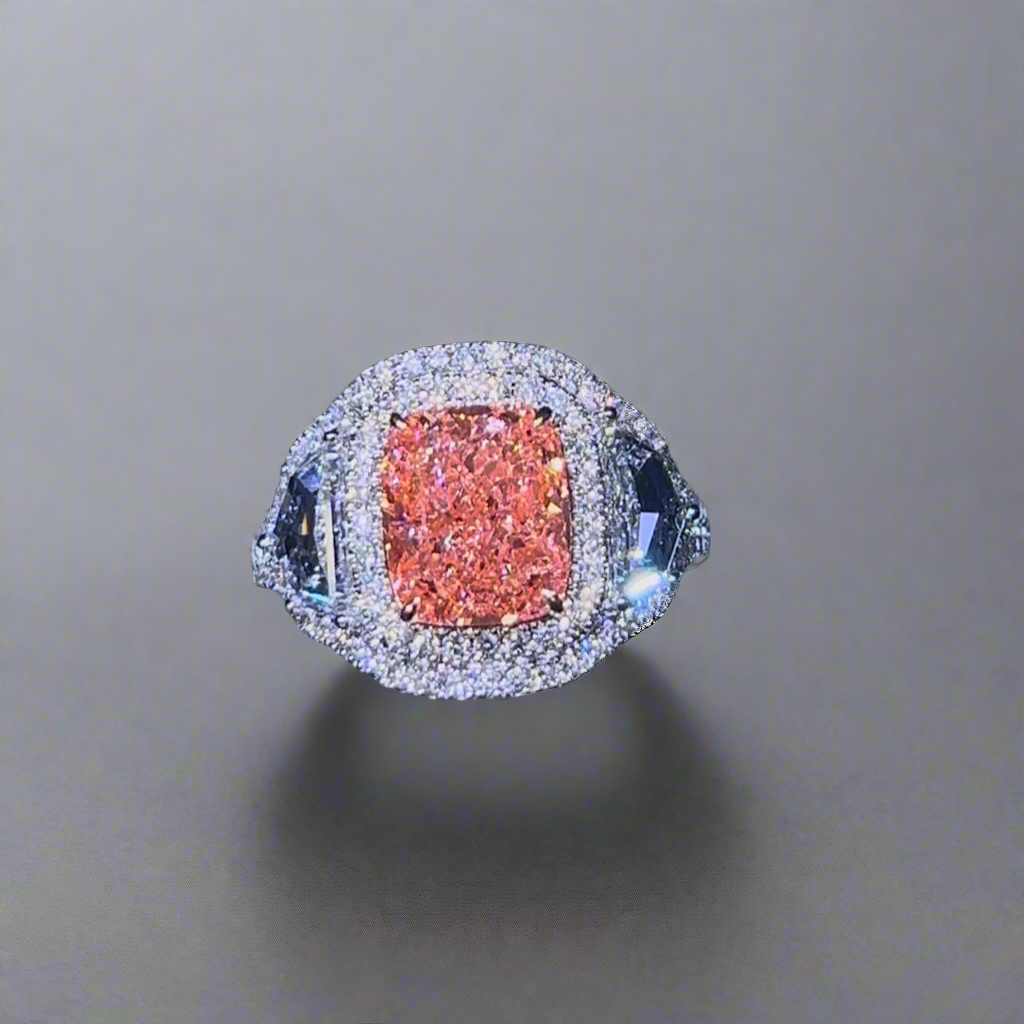 3.00CT VIVID PINK ELONGATED CUSHION CUT 3 STONE RING