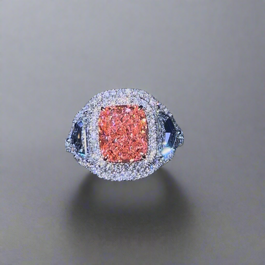 3.00CT VIVID PINK ELONGATED CUSHION CUT 3 STONE RING