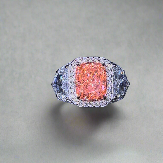 2.50CT VIVID PINK ELONGATED CUSHION CUT DIAMOND 3 STONE RING