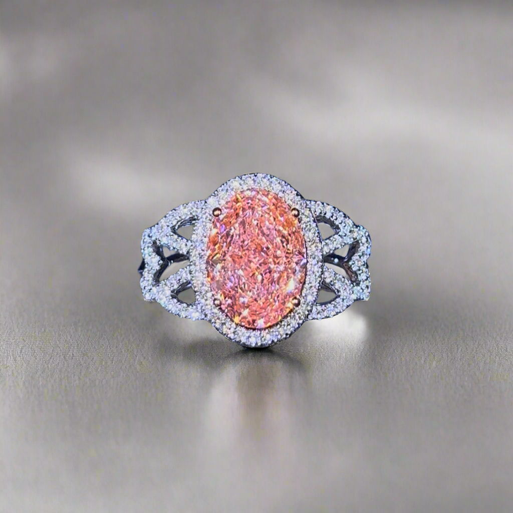 3.00CT VIVID PINK OVAL CUT DIAMOND HALO RING