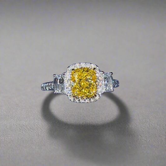 1.50CT VIVID YELLOW CUSHION CUT DIAMOND 3 STONE RING