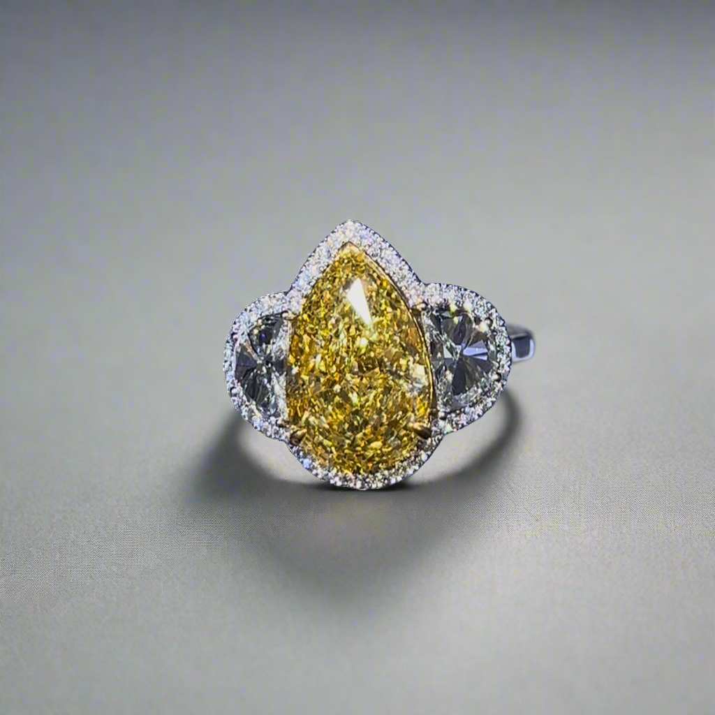 5.50CT VIVID YELLOW PEAR CUT DIAMOND 3 STONE RING