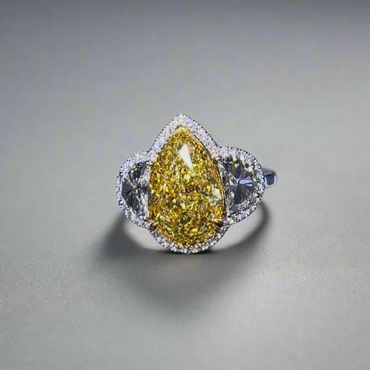 5.50CT VIVID YELLOW PEAR CUT DIAMOND 3 STONE RING