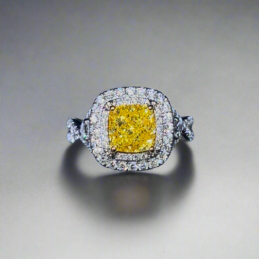 2.50CT VIVID YELLOW CUSHION CUT DIAMOND HALO RING