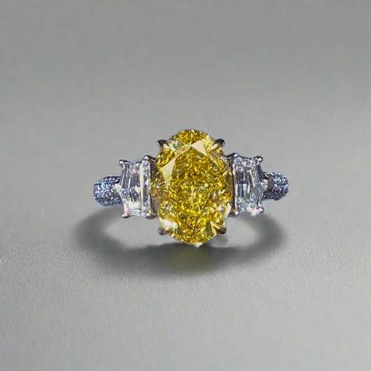 3.50CT VIVID YELLOW OVAL CUT DIAMOND 3 STONE RING